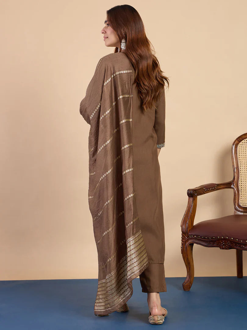 Riva Brown Elegant Embroidered Kurta Pant Set for Women
