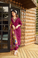 Women's Maroon Roman Silk Embroidered Kurta Pant Set with Floral Digital Print Chanderi Silk Dupatta