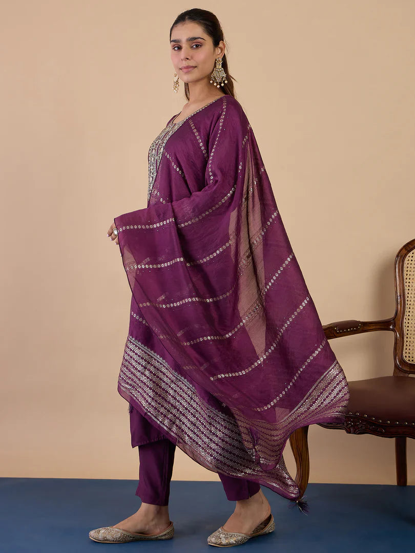 Riva Purple Elegant Embroidered Kurta Pant Set for Women