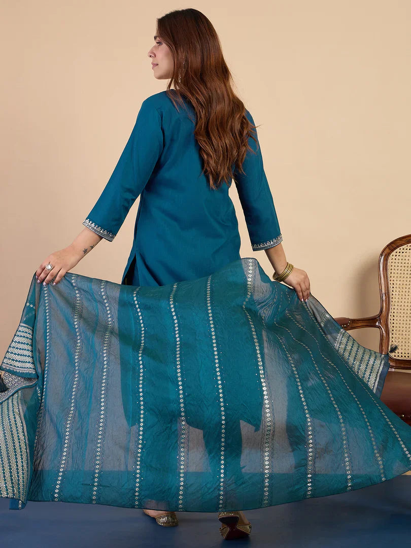 Riva Teal Elegant Embroidered Kurta Pant Set for Women
