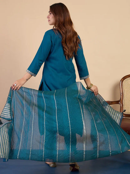 Riva Teal Elegant Embroidered Kurta Pant Set for Women