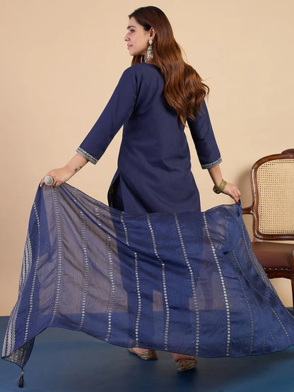 Nyra Navy Blue Women’s Traditional Kurta Pant Set with Dupatta