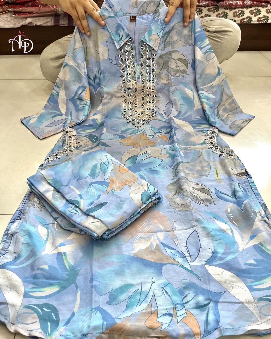 Blue Embroidered Muslin Pocket Famous Co-Ord Set