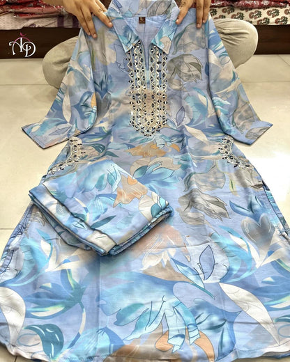 Blue Embroidered Muslin Pocket Famous Co-Ord Set