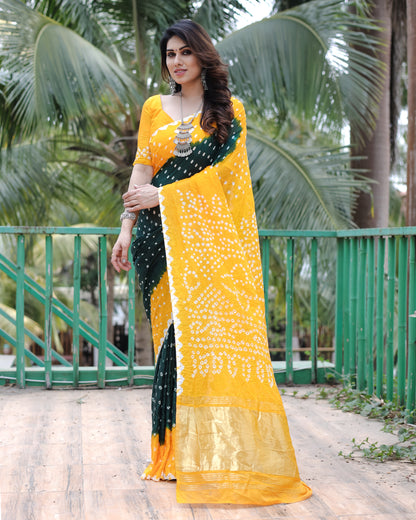 New Premium And High Quality Comfortable Bandhej Silk Drapes That is Super Stylish And Pretty Green & Yellow Saree