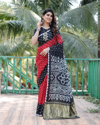 New Premium And High Quality Comfortable Bandhej Silk Drapes That is Super Stylish And Pretty Red And Black Saree