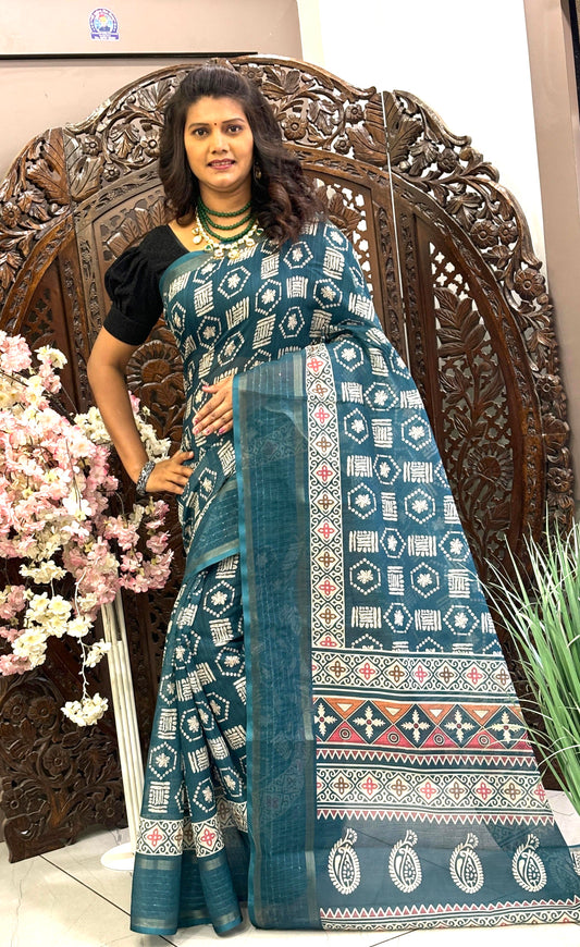 Linen silk sarees with all over Digital Printed design and sequence border