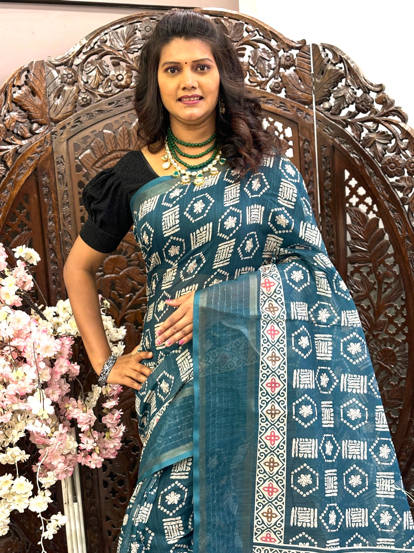 Linen silk sarees with all over Digital Printed design and sequence border