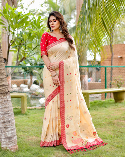 Premium Quality Handpicked & Easy To Drape Dola Silk Beige Saree For This Wedding Season