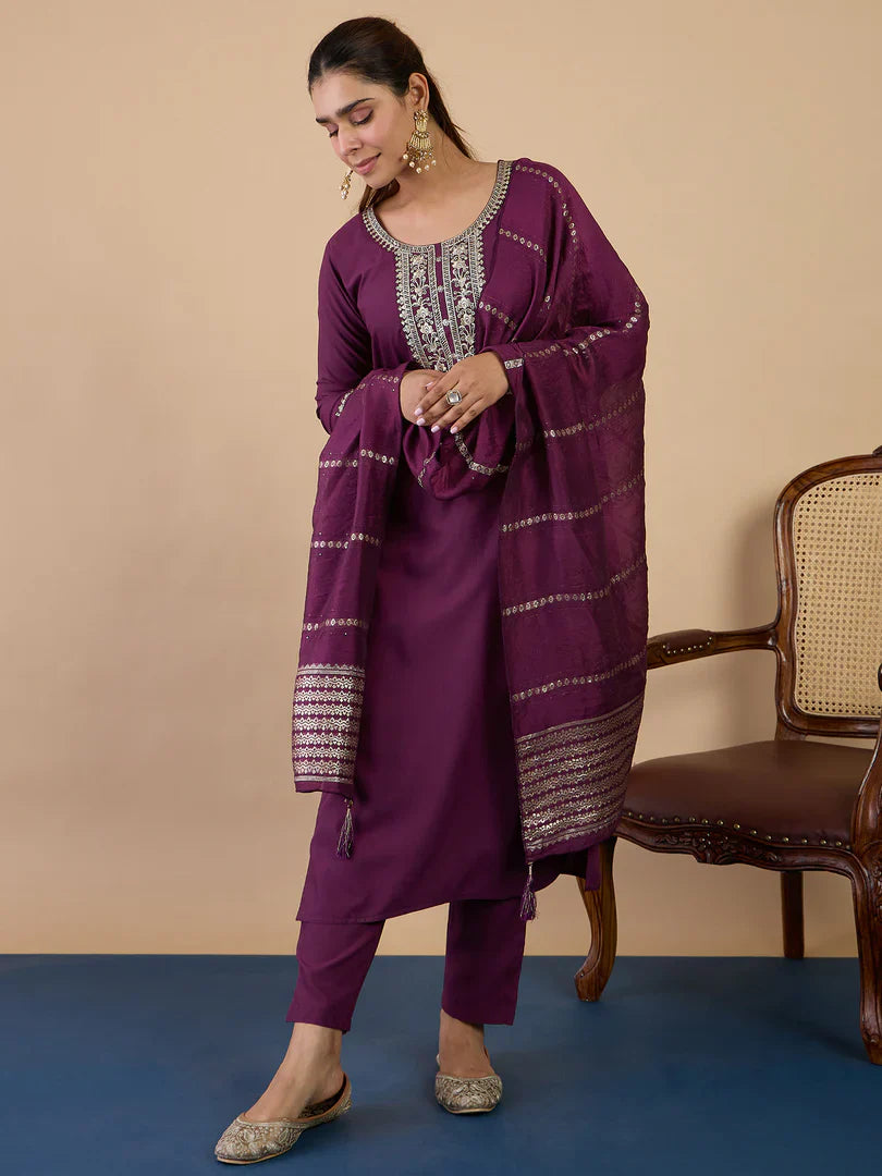 Riva Purple Elegant Embroidered Kurta Pant Set for Women