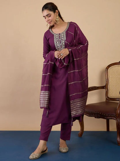 Riva Purple Elegant Embroidered Kurta Pant Set for Women