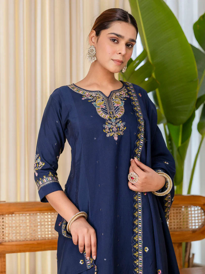 Zarika Teal-blue Exclusive Embroidered Kurta Plazo Set for Women