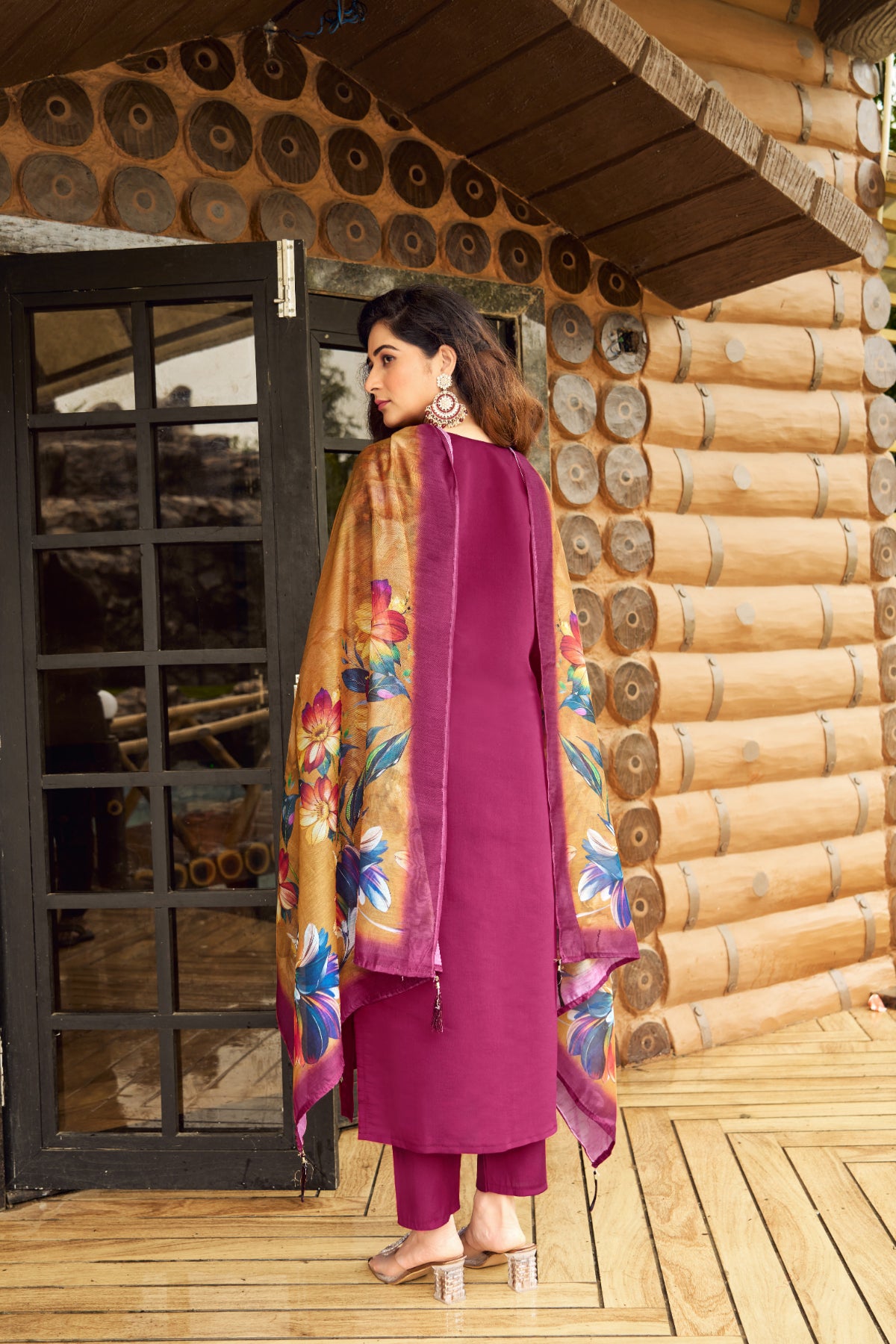 Women's Maroon Roman Silk Embroidered Kurta Pant Set with Floral Digital Print Chanderi Silk Dupatta