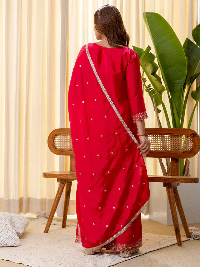Rani Pink Silk Blend Embroidered with Sequins Straight Kurta Palazzo Dupatta Set