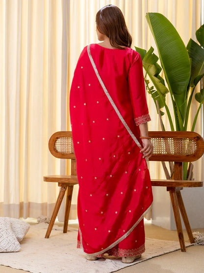 Rani Pink Silk Blend Embroidered with Sequins Straight Kurta Palazzo Dupatta Set