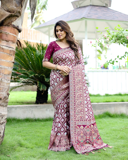 Wine Kanjivaram pattu With Beautiful Zari weaved Saree