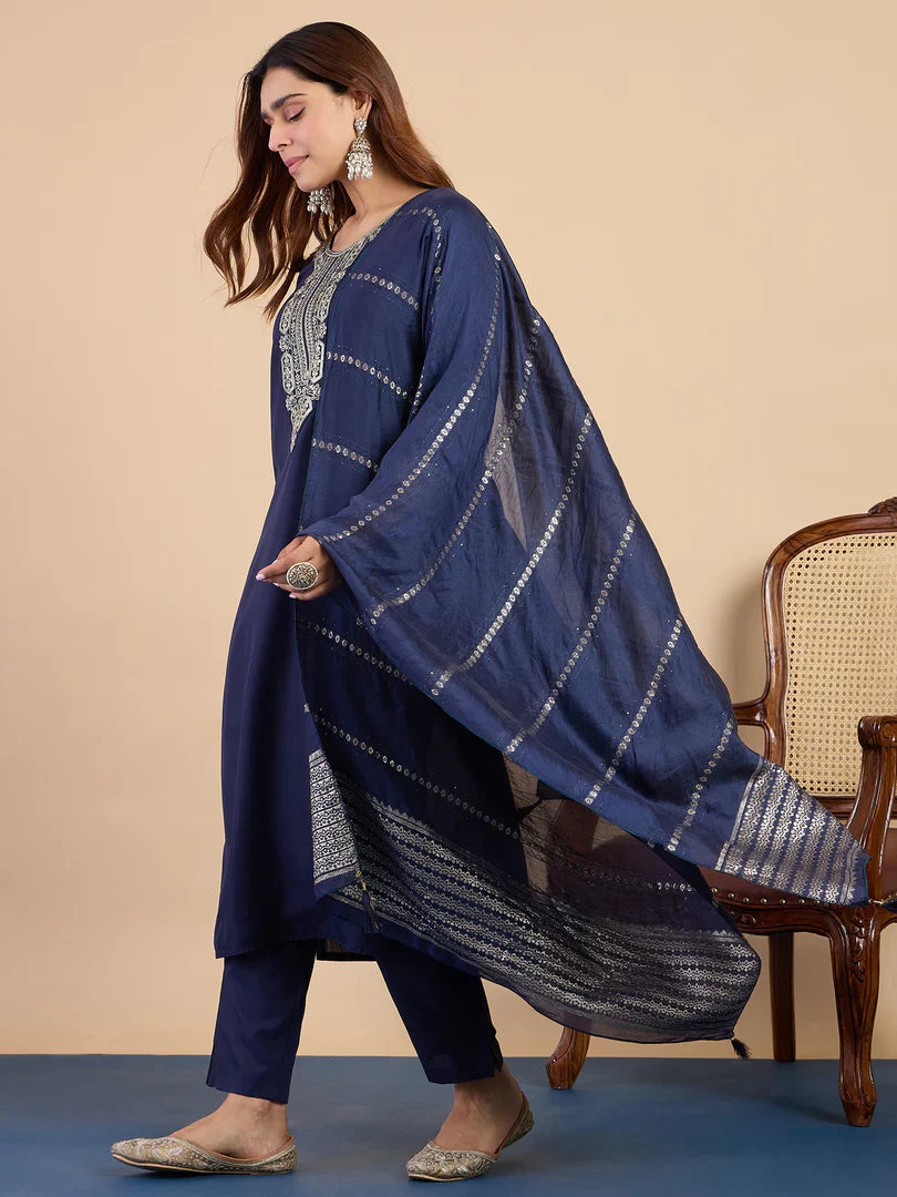 Nyra Navy Blue Women’s Traditional Kurta Pant Set with Dupatta