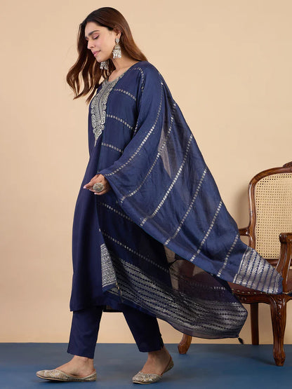 Nyra Navy Blue Women’s Traditional Kurta Pant Set with Dupatta