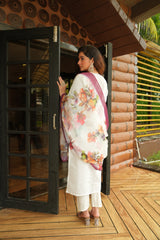 Women's White Roman Silk Embroidered Kurta Pant Set with Floral Digital Print Chanderi Silk Dupatta | Festive & Party Wear Suit Set