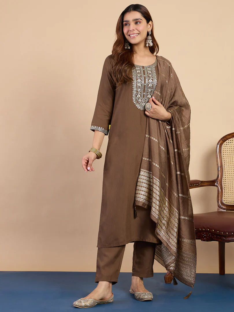 Riva Brown Elegant Embroidered Kurta Pant Set for Women