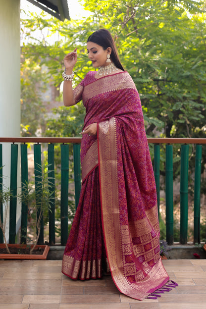 Wine Color kanchi Border Rich Pallu Bandhej Saree