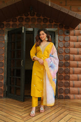 Women's Mustard Yellow Roman Silk Embroidered Kurta Pant Set with Digital Print Chanderi Silk Dupatta