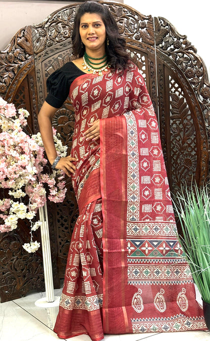 Linen silk sarees with Digital Printed design and sequence border