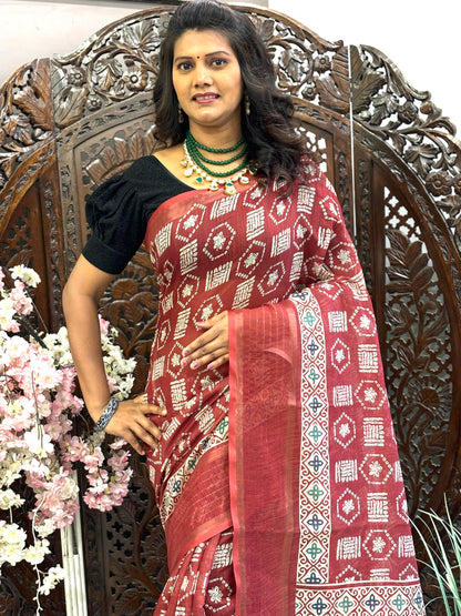 Linen silk sarees with Digital Printed design and sequence border