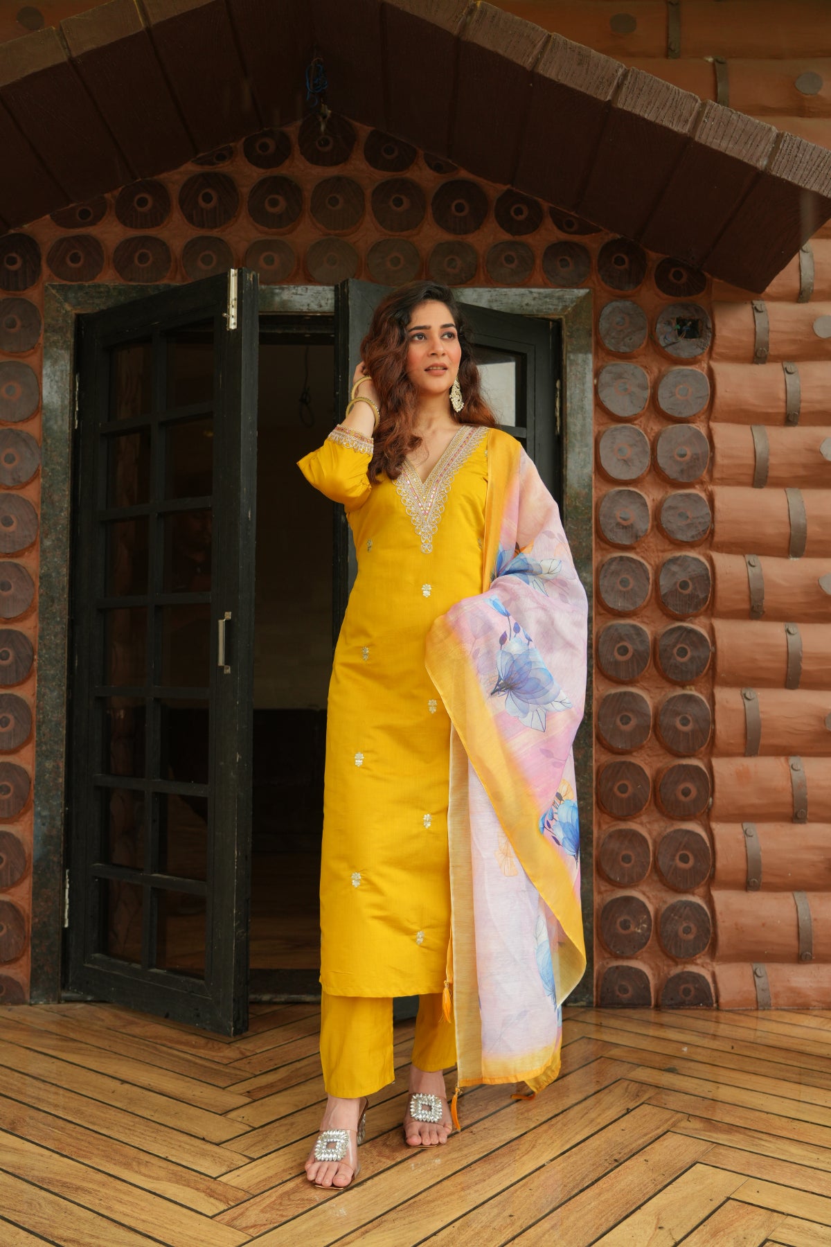 Women's Mustard Yellow Roman Silk Embroidered Kurta Pant Set with Digital Print Chanderi Silk Dupatta