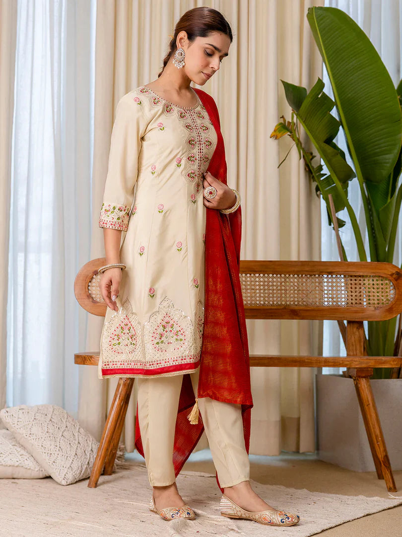 Nazneen Beige Elegant Silk Kurta Pant Set