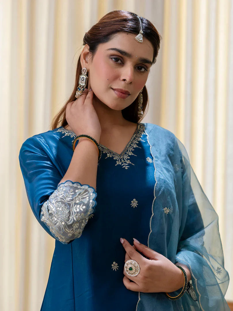 Meher Teal-blue Embroidred Kurta Sets with Sequins Work Women Suits