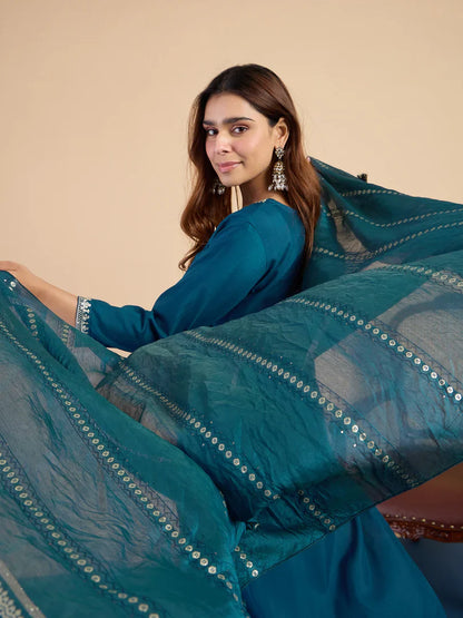 Riva Teal Elegant Embroidered Kurta Pant Set for Women
