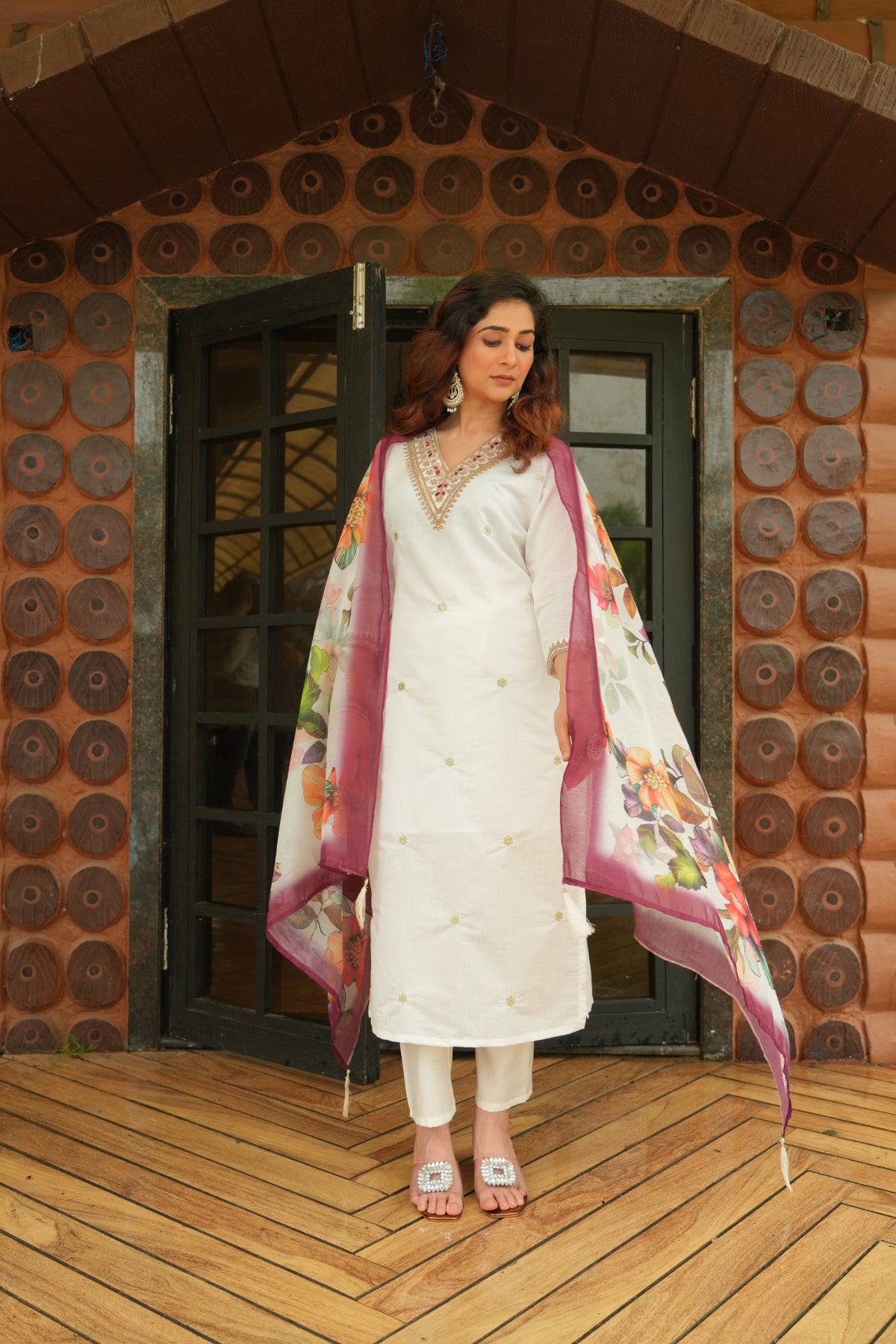 Women's White Roman Silk Embroidered Kurta Pant Set with Floral Digital Print Chanderi Silk Dupatta | Festive & Party Wear Suit Set