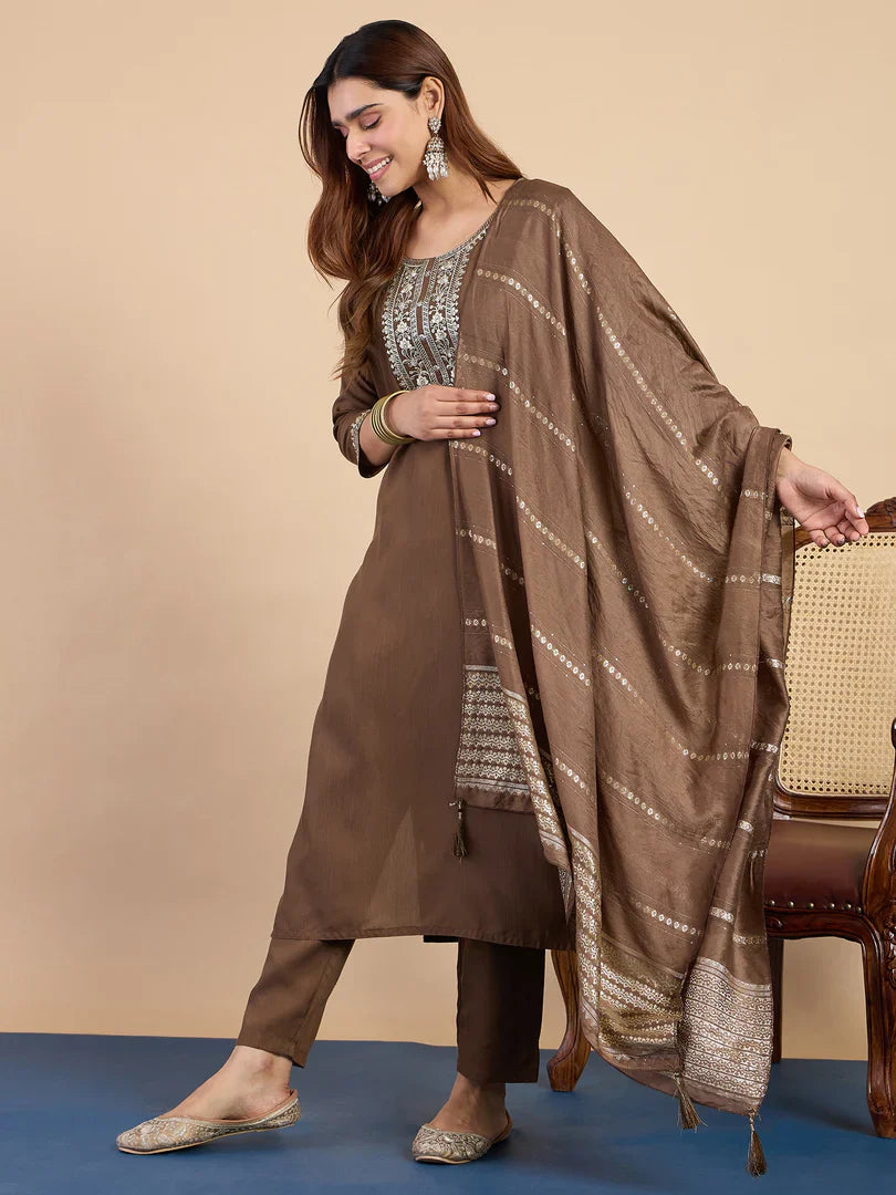 Riva Brown Elegant Embroidered Kurta Pant Set for Women