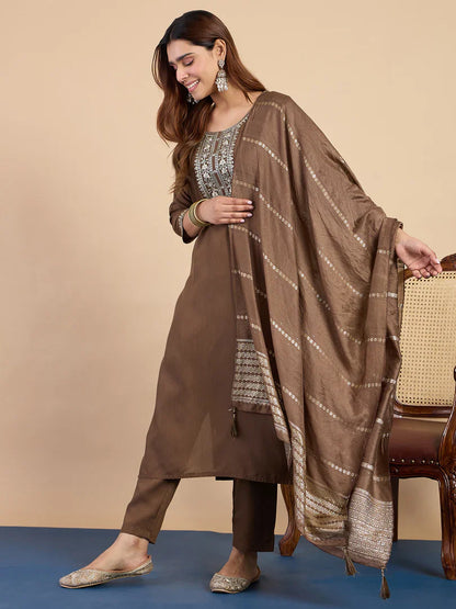 Riva Brown Elegant Embroidered Kurta Pant Set for Women