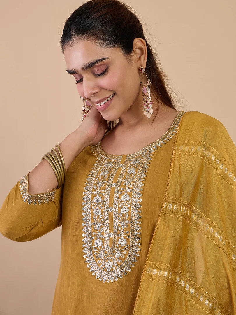 Riva Mustard Elegant Embroidered Kurta Pant Set for Women
