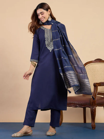 Nyra Navy Blue Women’s Traditional Kurta Pant Set with Dupatta