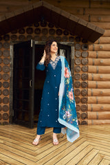 Women's Teal Blue Roman Silk Embroidered Kurta Pant Set with Floral Digital Print Chanderi Silk Dupatta