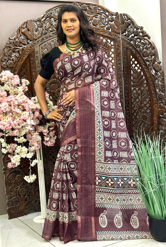 Linen silk sarees with Digital Printed design and sequence border