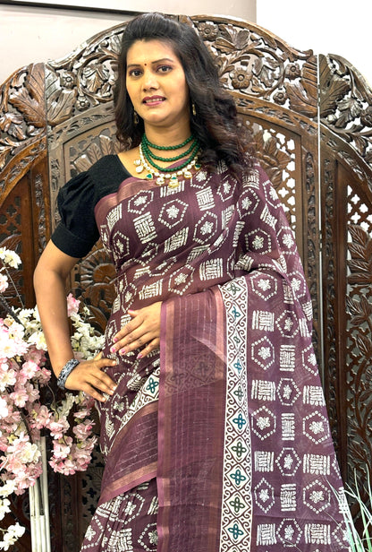 Linen silk sarees with Digital Printed design and sequence border