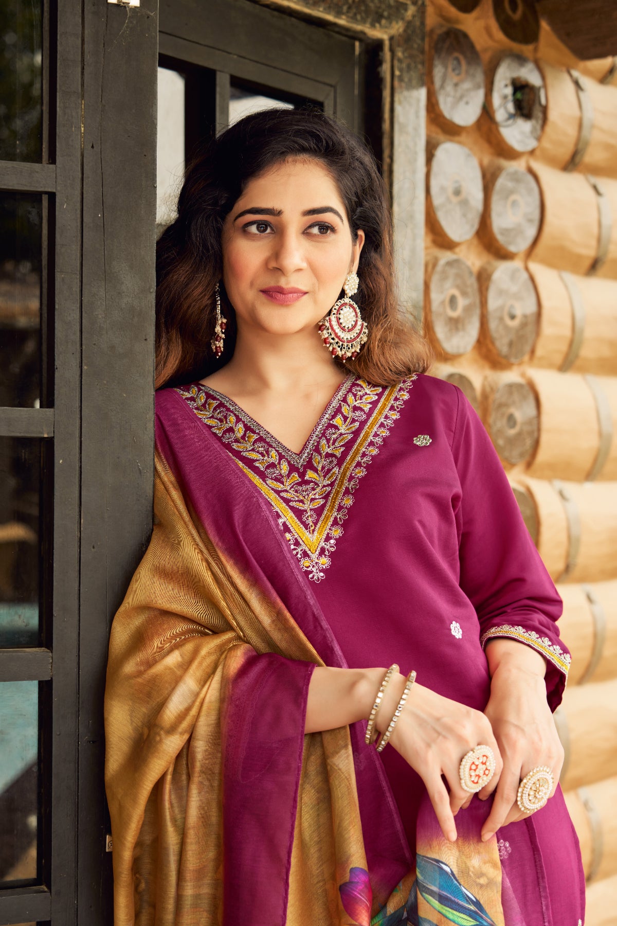 Women's Maroon Roman Silk Embroidered Kurta Pant Set with Floral Digital Print Chanderi Silk Dupatta