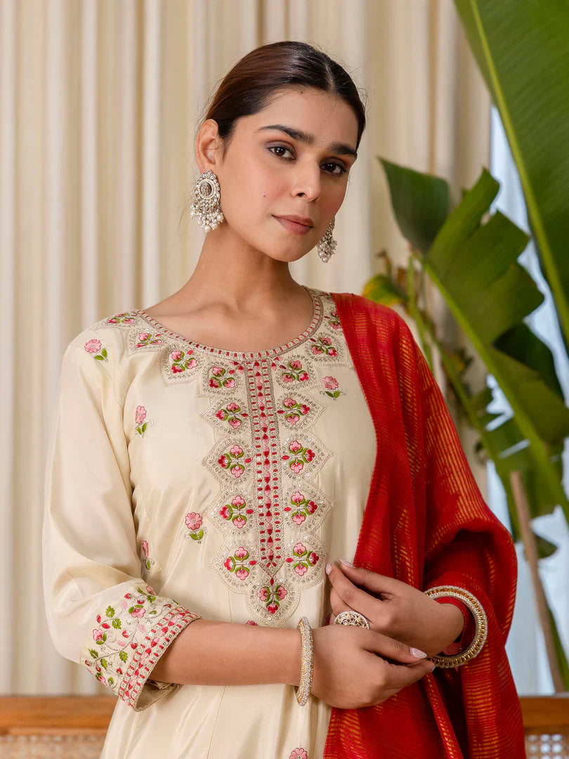 Nazneen Beige Elegant Silk Kurta Pant Set
