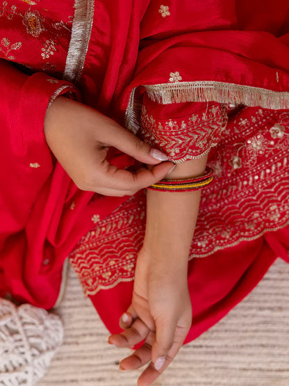 Rani Pink Silk Blend Embroidered with Sequins Straight Kurta Palazzo Dupatta Set