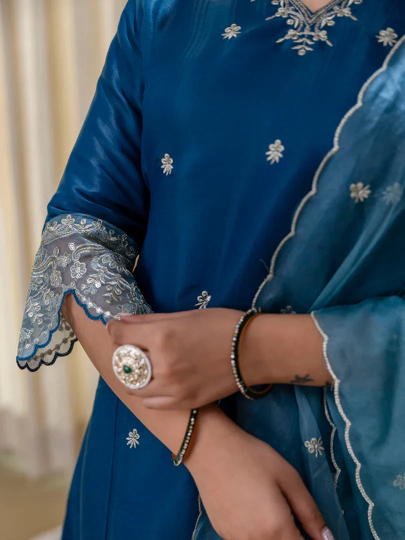 Meher Teal-blue Embroidred Kurta Sets with Sequins Work Women Suits