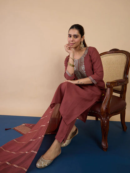 Nyra Brown Women’s Traditional Kurta Pant Set with Dupatta