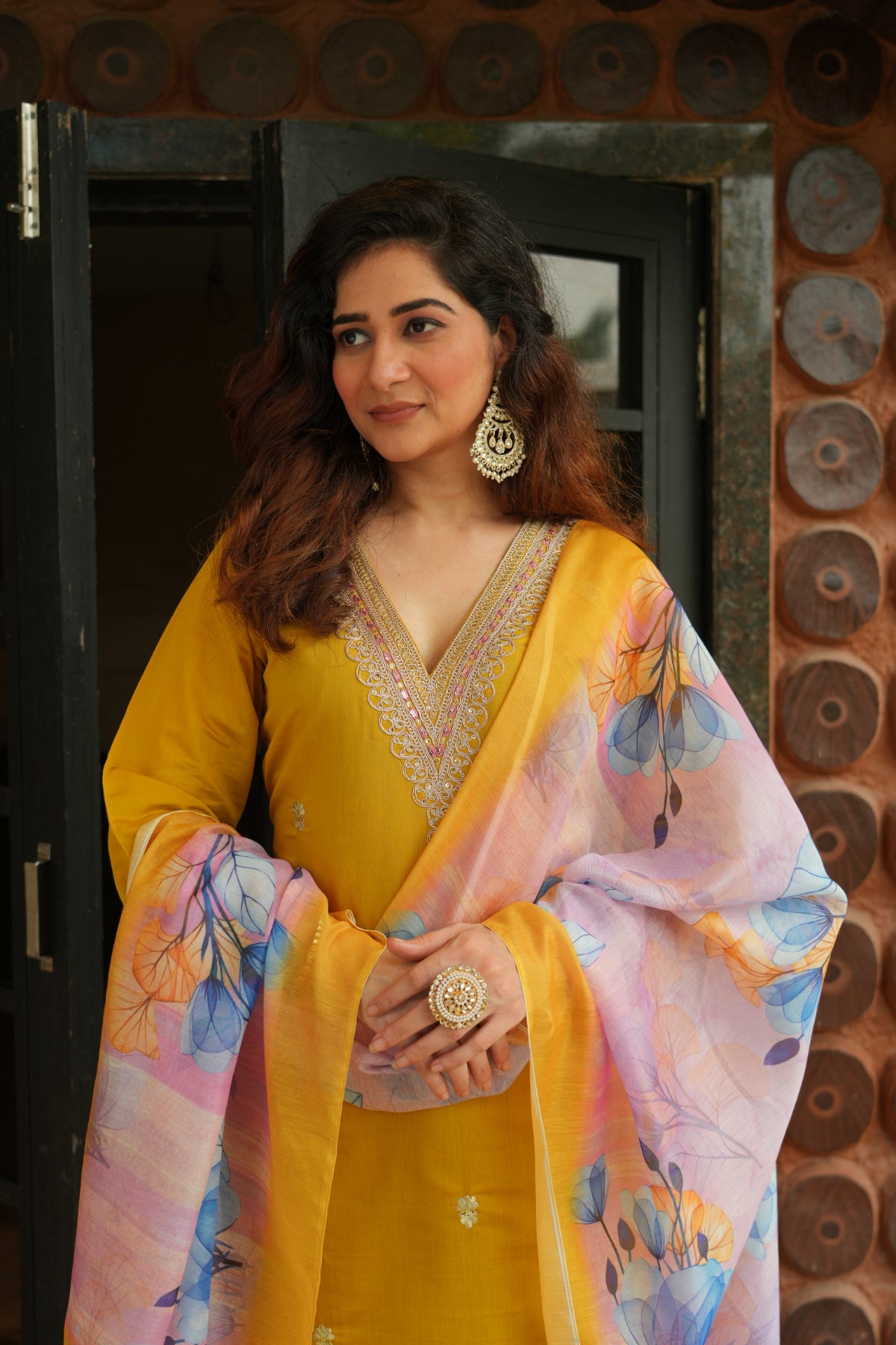 Women's Mustard Yellow Roman Silk Embroidered Kurta Pant Set with Digital Print Chanderi Silk Dupatta