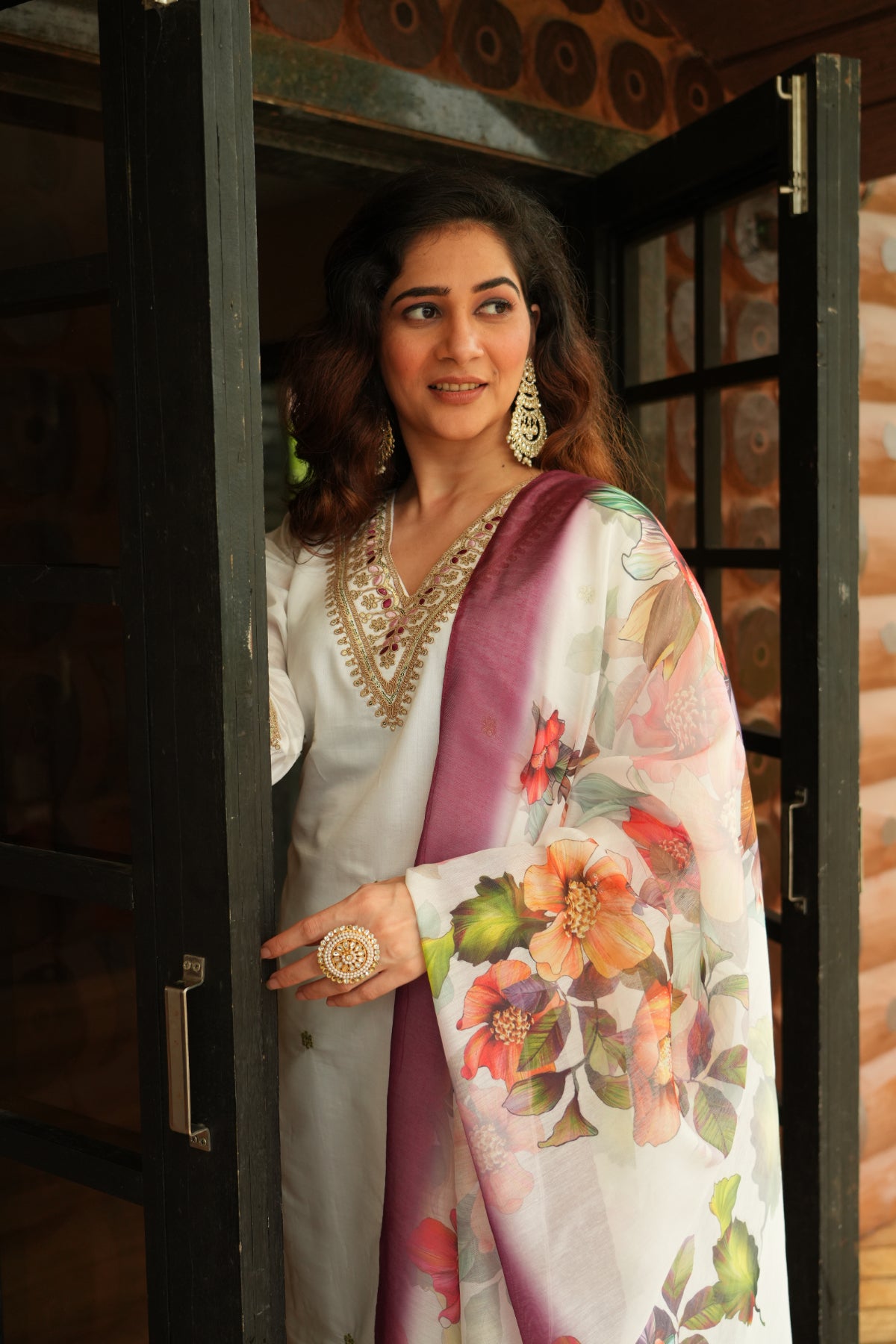Women's White Roman Silk Embroidered Kurta Pant Set with Floral Digital Print Chanderi Silk Dupatta | Festive & Party Wear Suit Set