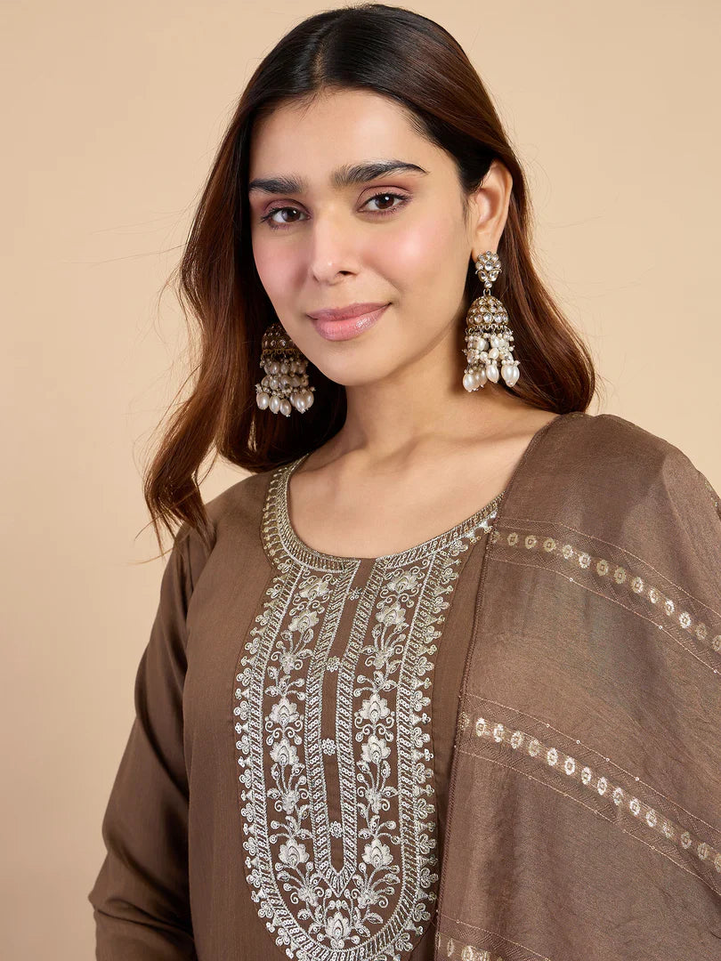 Riva Brown Elegant Embroidered Kurta Pant Set for Women