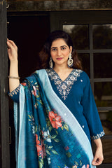 Women's Teal Blue Roman Silk Embroidered Kurta Pant Set with Floral Digital Print Chanderi Silk Dupatta