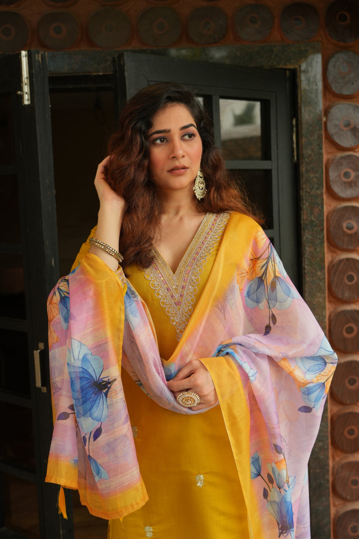 Women's Mustard Yellow Roman Silk Embroidered Kurta Pant Set with Digital Print Chanderi Silk Dupatta